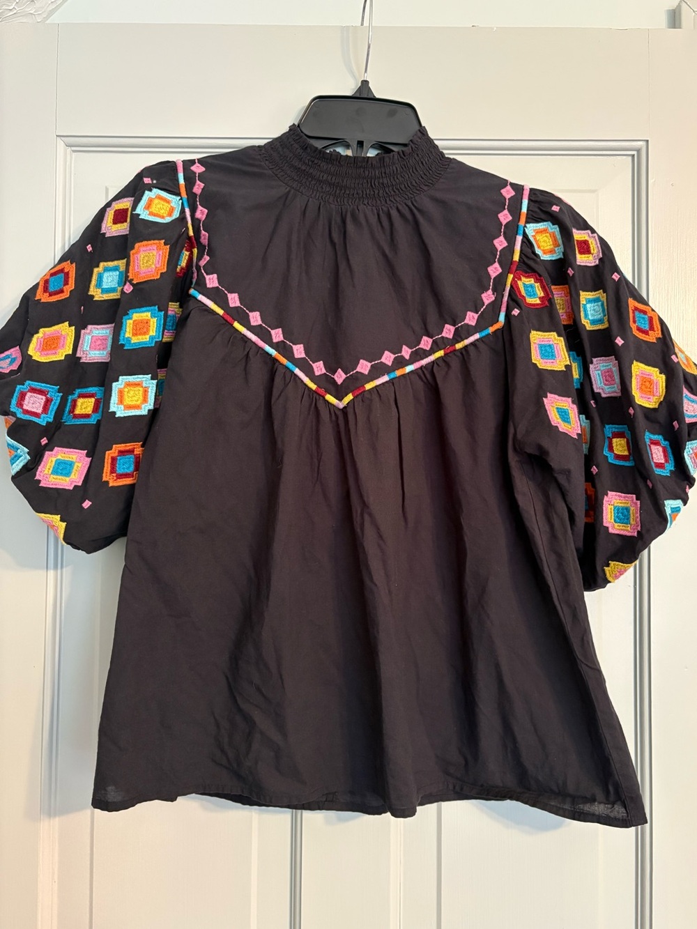 THML XS Colorful Embroidered Black Puff Sleeve 100% cotton Top